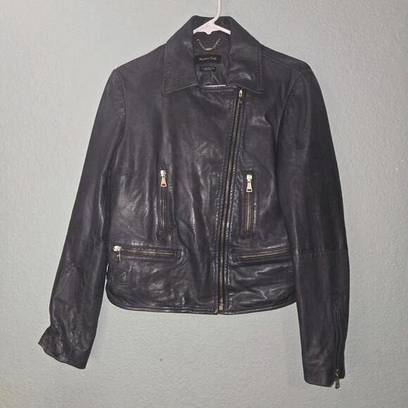 Massimo Dutti Leather Asymmetrical Zip Moto Biker Jacket Black Women's Size XL - Picture 1 of 12